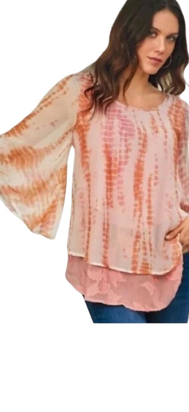 Soft Surroundings Lisette Blouse Coral Tie Dye Angel Sleeve Size L Fairycore